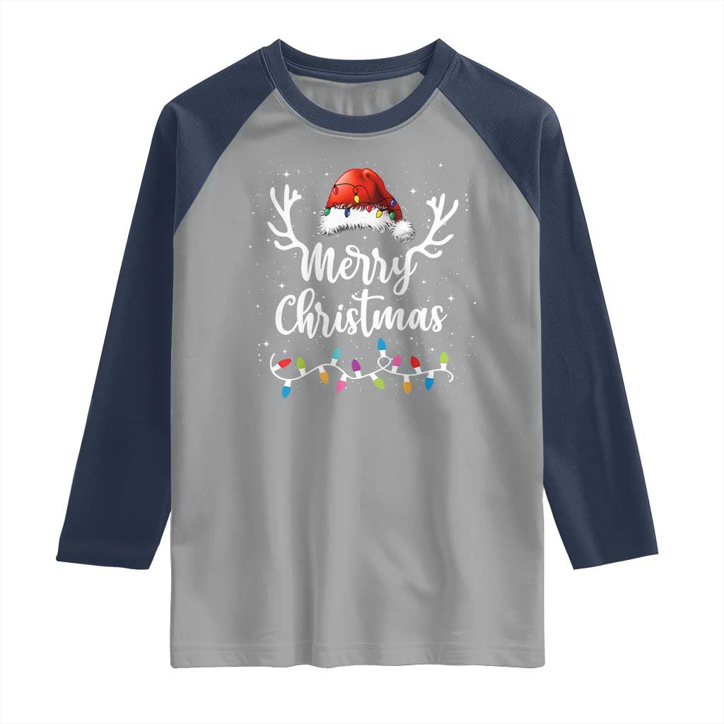 Merry Christmas Raglan Shirt Lights Red Santa Hat Xmas Family Matching