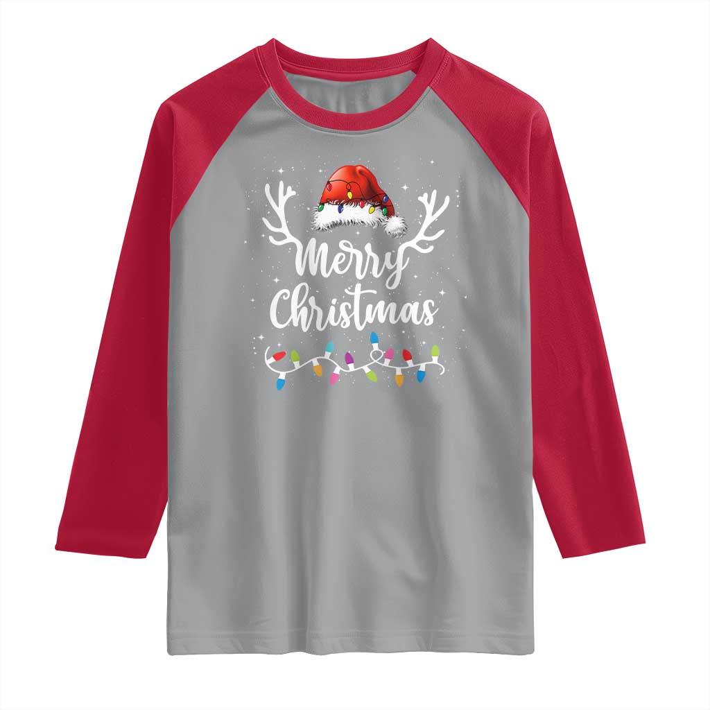 Merry Christmas Raglan Shirt Lights Red Santa Hat Xmas Family Matching