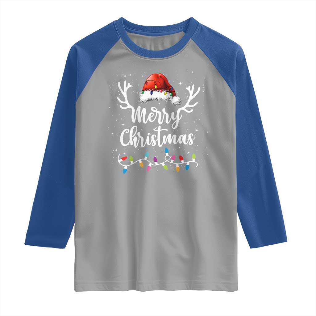 Merry Christmas Raglan Shirt Lights Red Santa Hat Xmas Family Matching