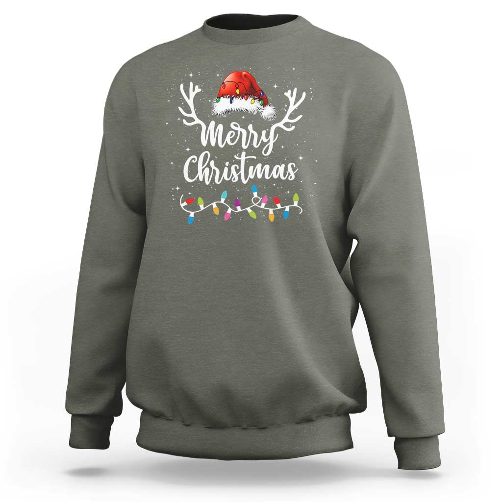 Merry Christmas Sweatshirt Lights Red Santa Hat Xmas Family Matching - Wonder Print Shop