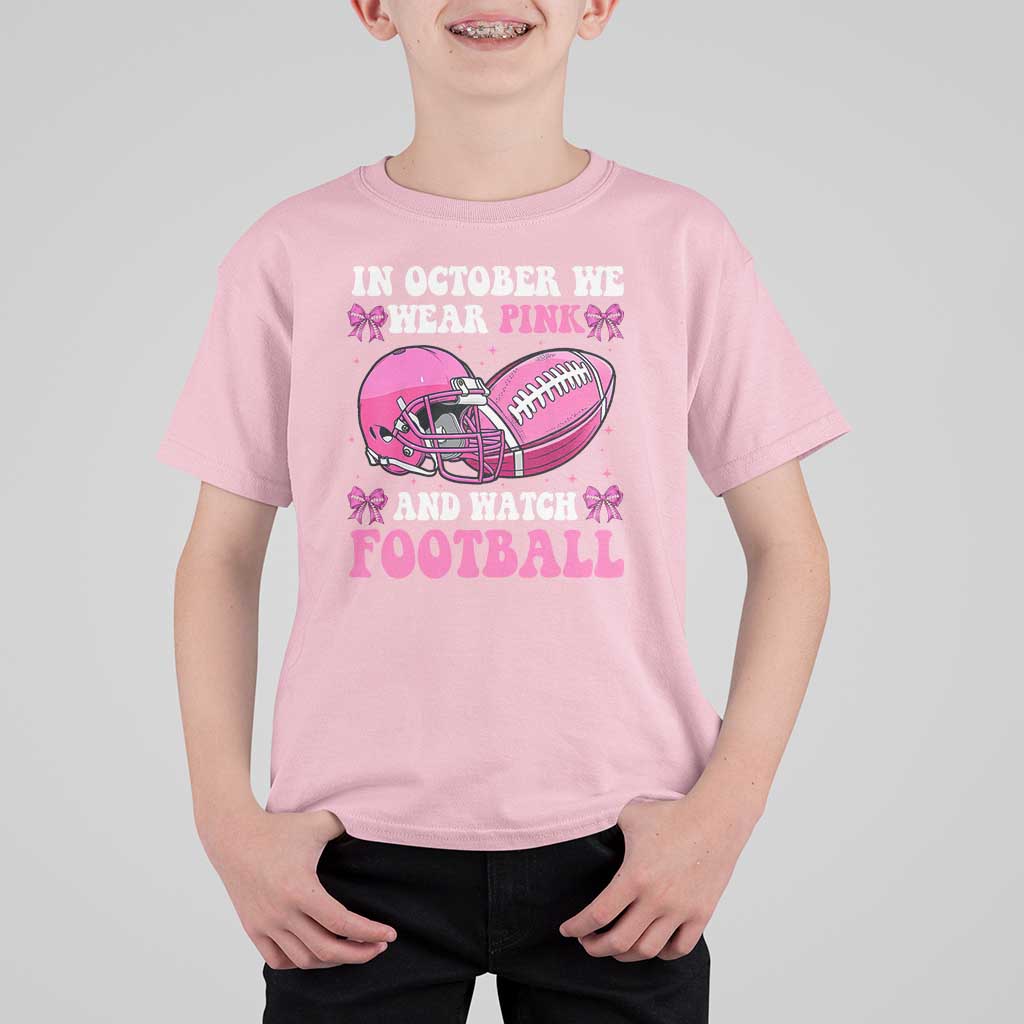 Football Breast Cancer Awareness T Shirt For Kid Coquette Football In October We Wear Pink Ghost Halloween Pink Ribbon - Wonder Print Shop