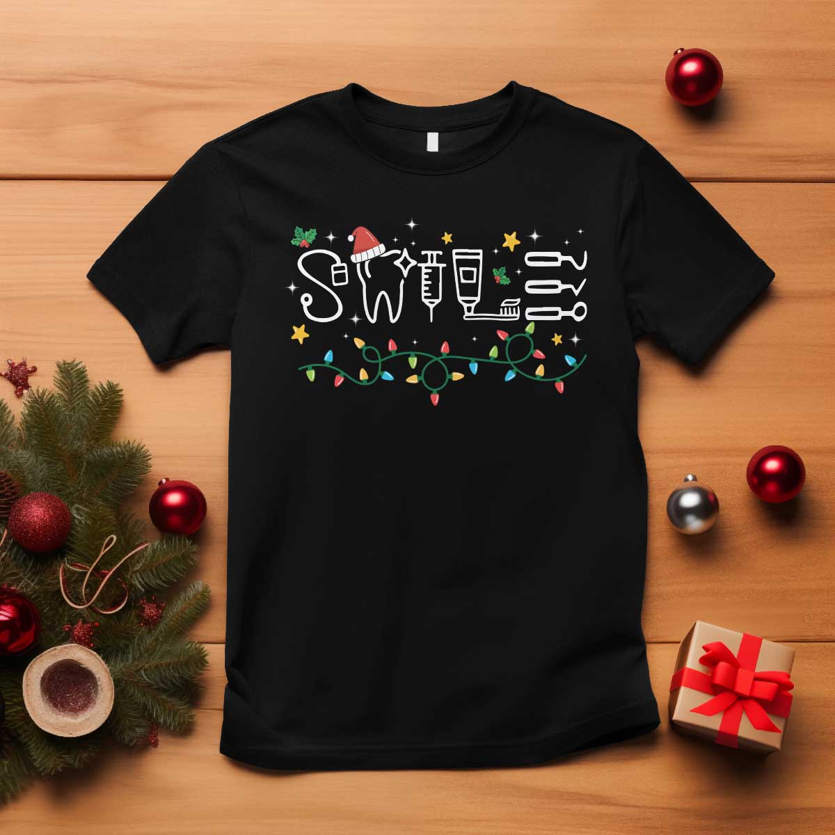 Christmas Dental T Shirt Red Santa Hat Teeth Funny Dentist Merry Xmas Lights - Wonder Print Shop