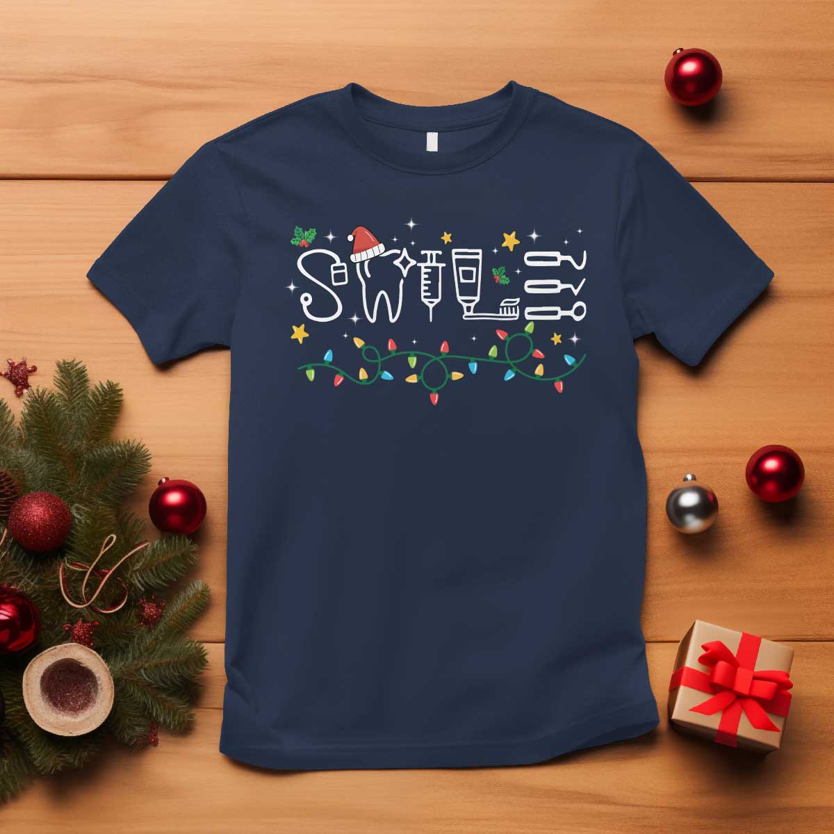 Christmas Dental T Shirt Red Santa Hat Teeth Funny Dentist Merry Xmas Lights - Wonder Print Shop