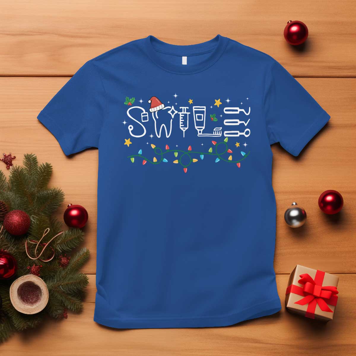 Christmas Dental T Shirt Red Santa Hat Teeth Funny Dentist Merry Xmas Lights - Wonder Print Shop