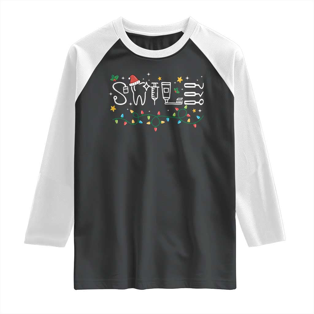 Christmas Dental Raglan Shirt Red Santa Hat Teeth Funny Dentist Merry Xmas Lights