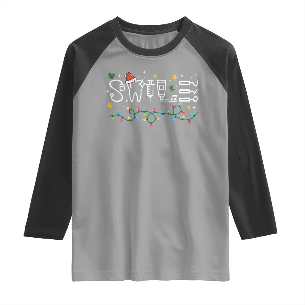 Christmas Dental Raglan Shirt Red Santa Hat Teeth Funny Dentist Merry Xmas Lights
