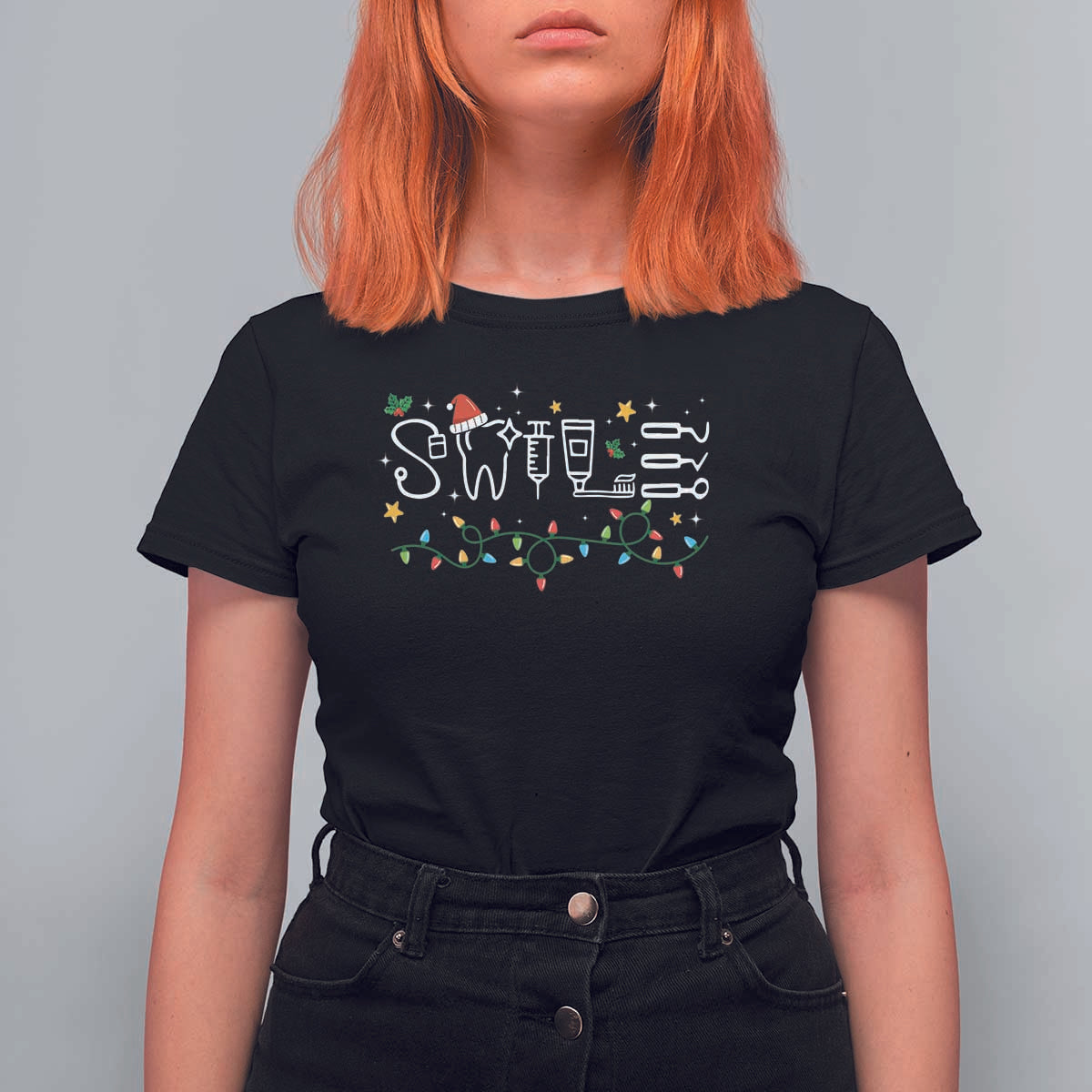 Christmas Dental T Shirt For Women Red Santa Hat Teeth Funny Dentist Merry Xmas Lights - Wonder Print Shop
