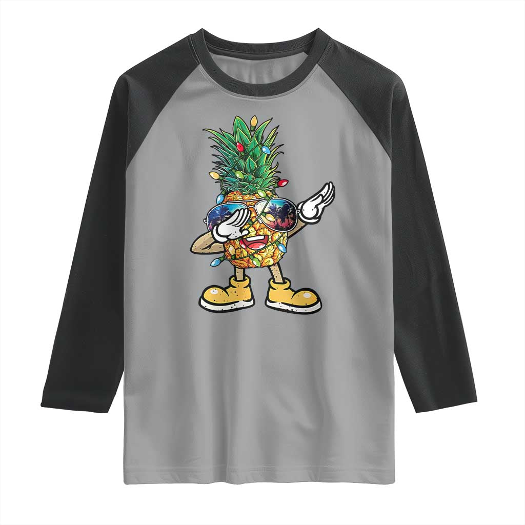 Dabbing Pineapple Hawaii Christmas Tree Lights Xmas Sunglasses Raglan Shirt Tropical Holiday Beach