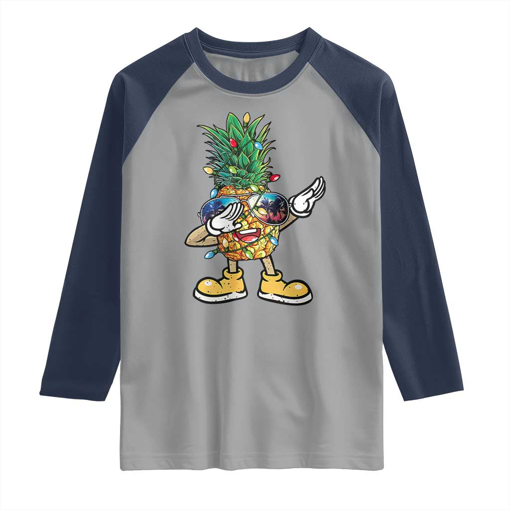 Dabbing Pineapple Hawaii Christmas Tree Lights Xmas Sunglasses Raglan Shirt Tropical Holiday Beach