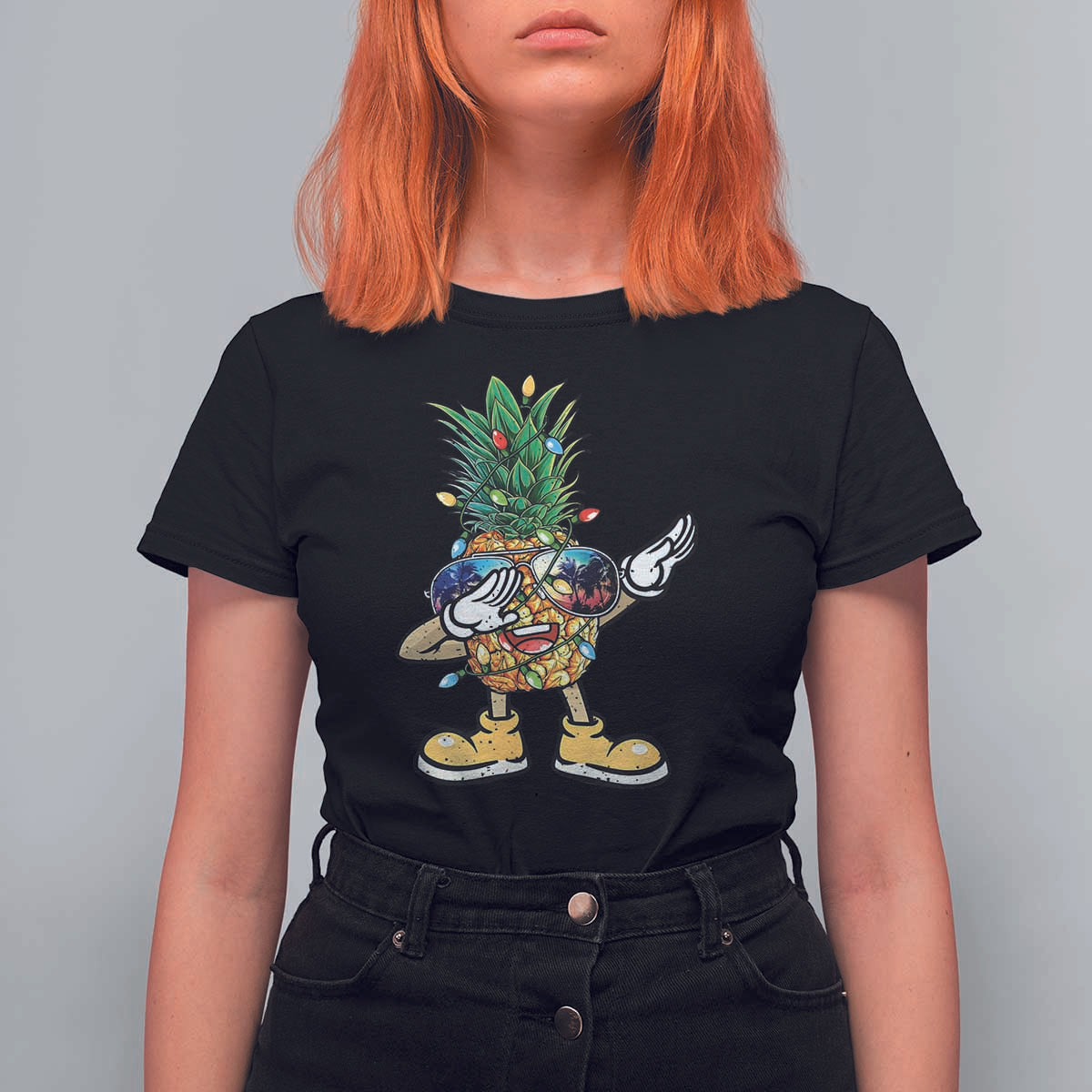 Dabbing Pineapple Christmas Tree Lights Xmas Sunglasses T Shirt For Women Tropical Holiday Beach Tank for Hawaii Vacation - Wonder Print Shop