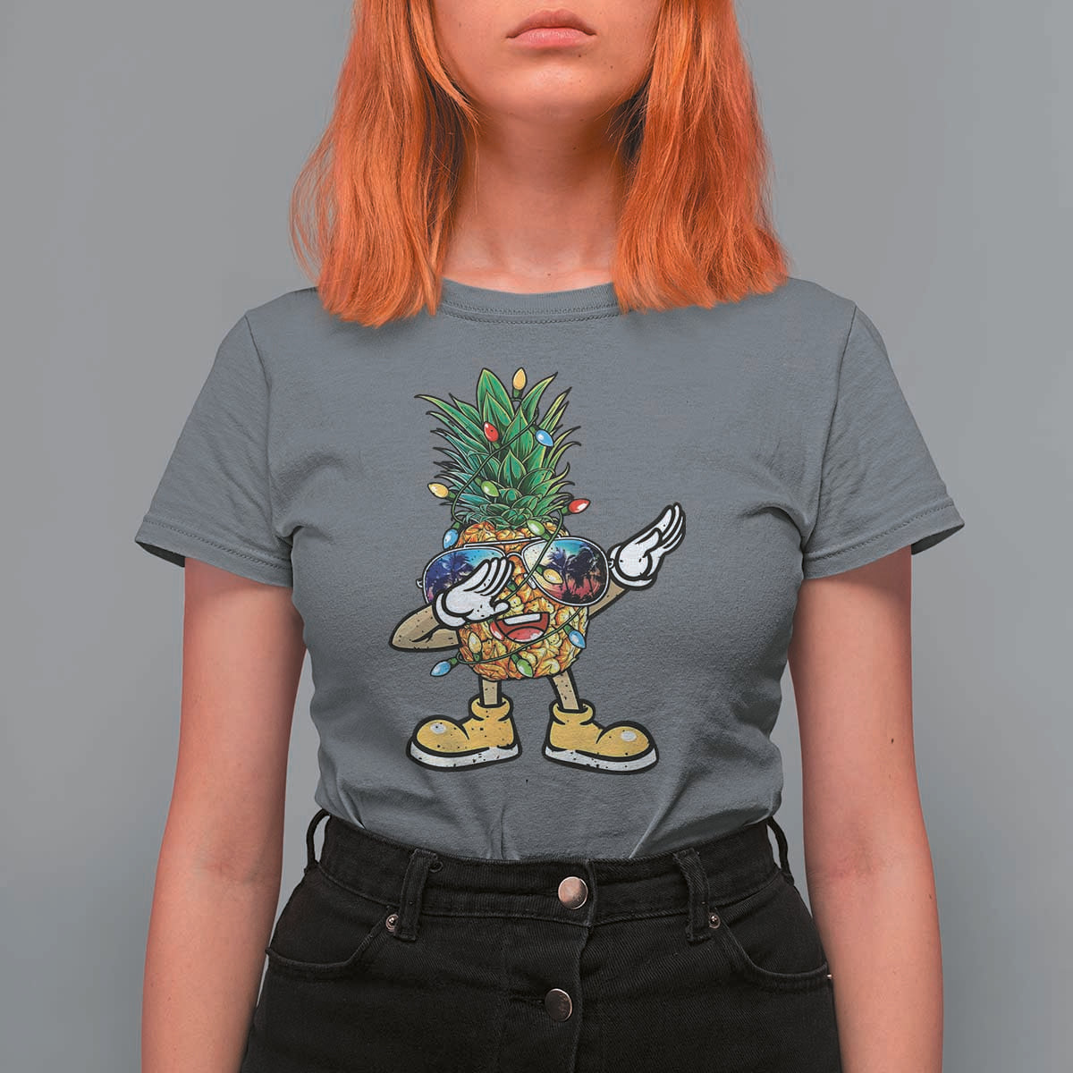 Dabbing Pineapple Christmas Tree Lights Xmas Sunglasses T Shirt For Women Tropical Holiday Beach Tank for Hawaii Vacation - Wonder Print Shop