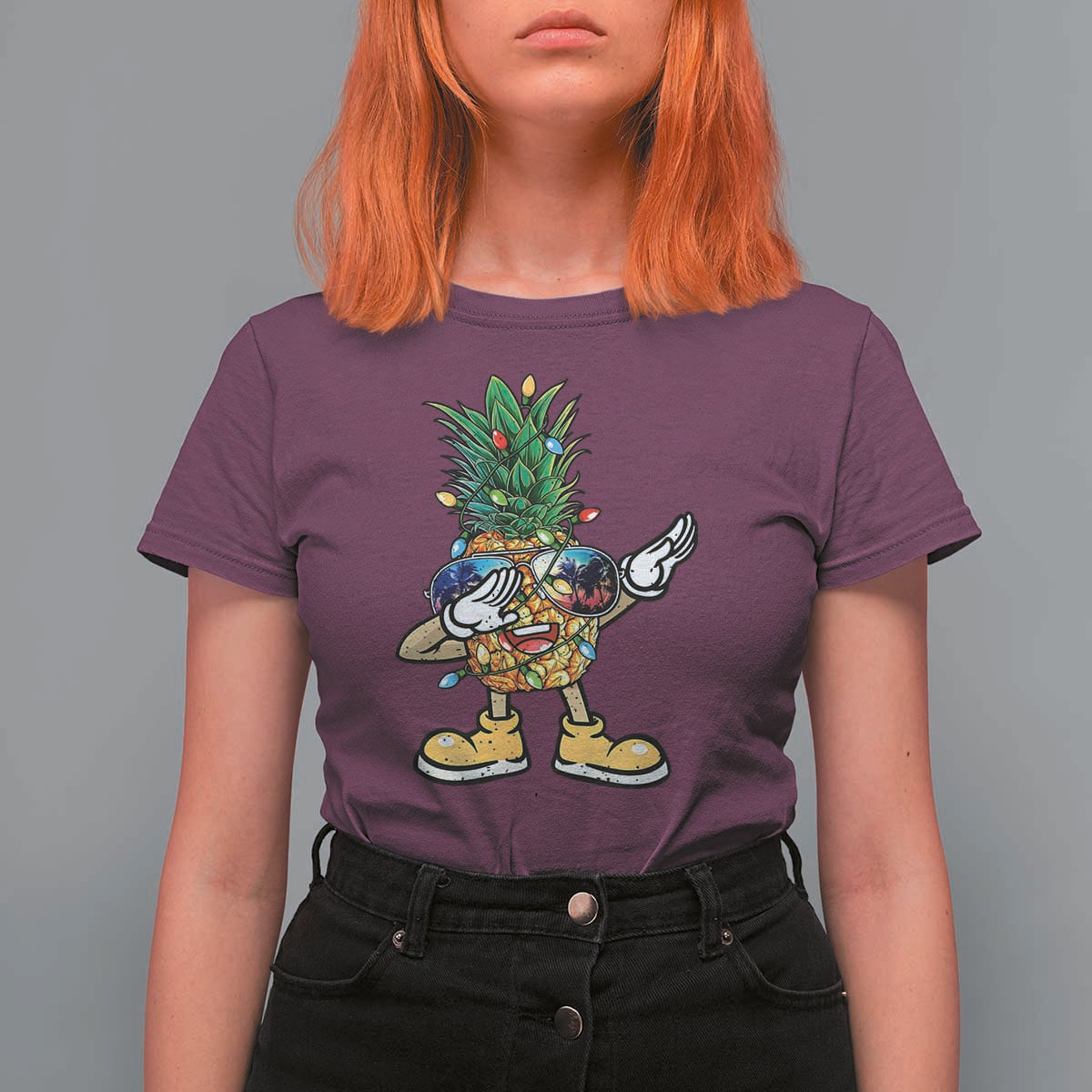 Dabbing Pineapple Christmas Tree Lights Xmas Sunglasses T Shirt For Women Tropical Holiday Beach Tank for Hawaii Vacation - Wonder Print Shop