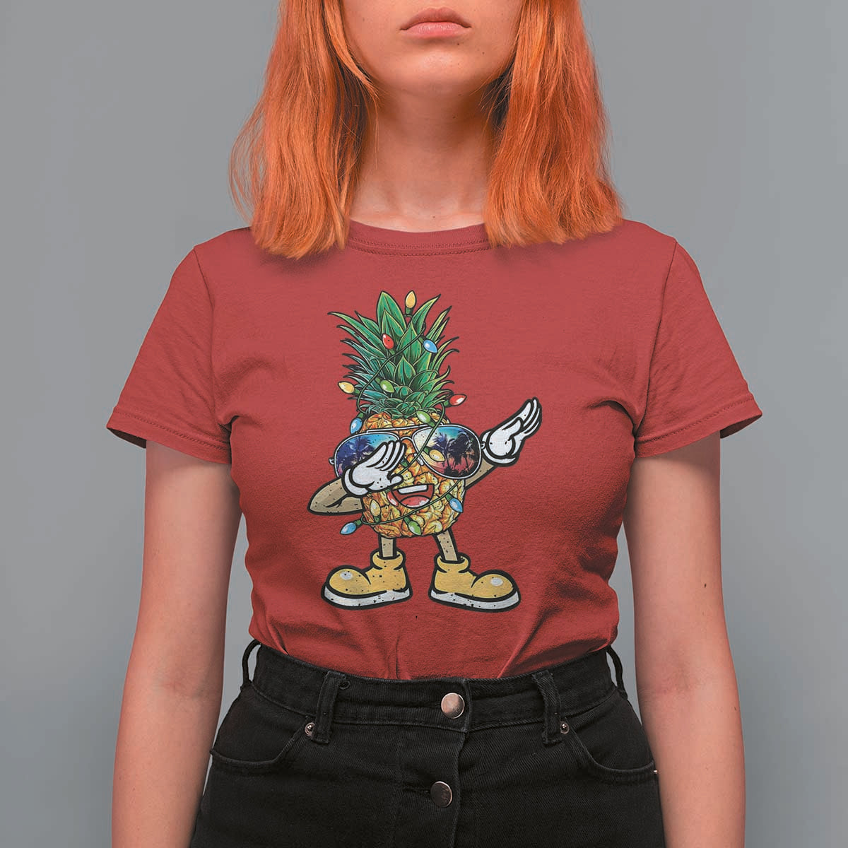 Dabbing Pineapple Christmas Tree Lights Xmas Sunglasses T Shirt For Women Tropical Holiday Beach Tank for Hawaii Vacation - Wonder Print Shop