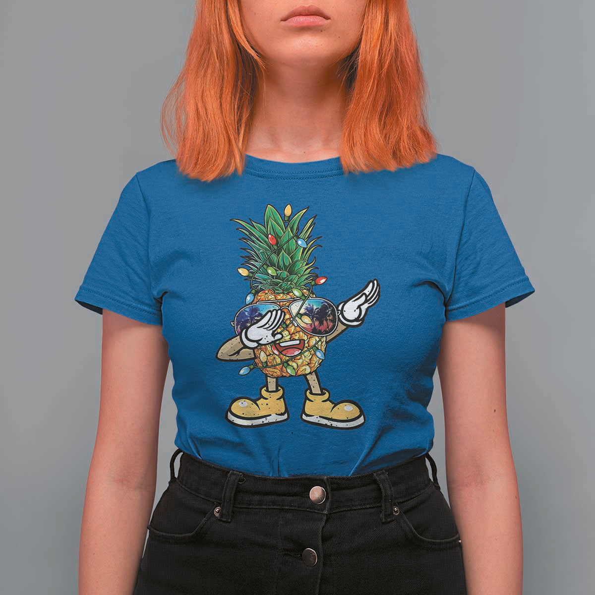 Dabbing Pineapple Christmas Tree Lights Xmas Sunglasses T Shirt For Women Tropical Holiday Beach Tank for Hawaii Vacation - Wonder Print Shop