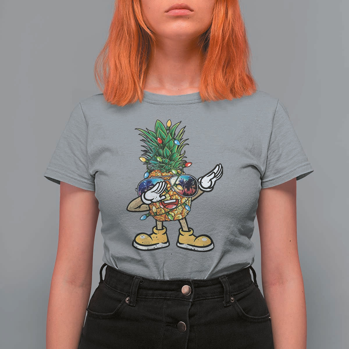 Dabbing Pineapple Christmas Tree Lights Xmas Sunglasses T Shirt For Women Tropical Holiday Beach Tank for Hawaii Vacation - Wonder Print Shop