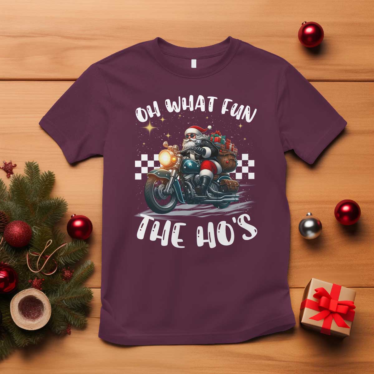 Biker Grandpa Santa on Motorcycle Christmas T Shirt Funny Oh What Fun It Is To Ride - Wonder Print Shop