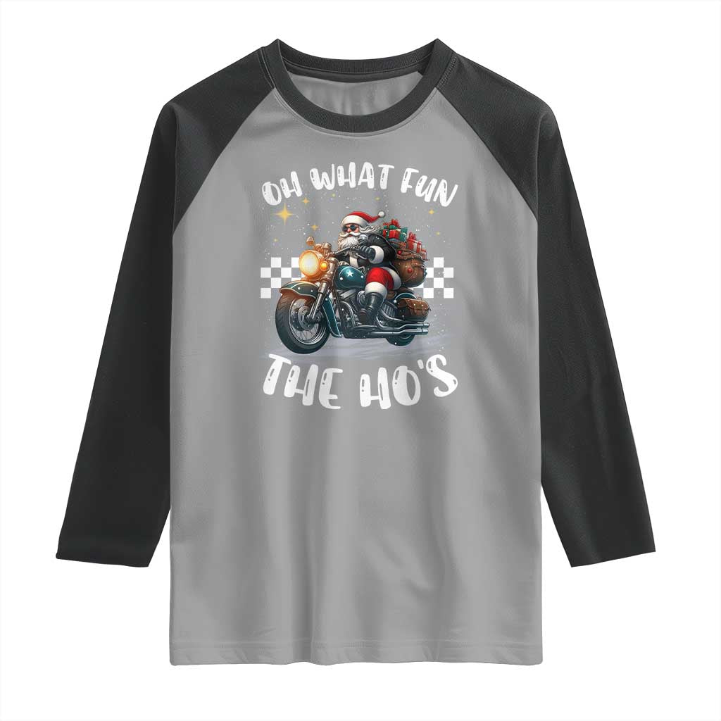 Biker Grandpa Santa on Motorcycle Christmas Raglan Shirt Funny Oh What Fun It Is To Ride