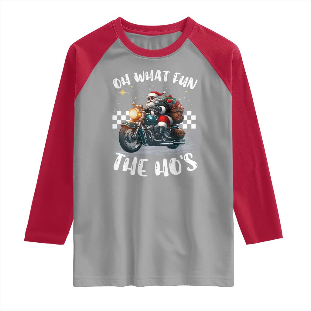 Biker Grandpa Santa on Motorcycle Christmas Raglan Shirt Funny Oh What Fun It Is To Ride