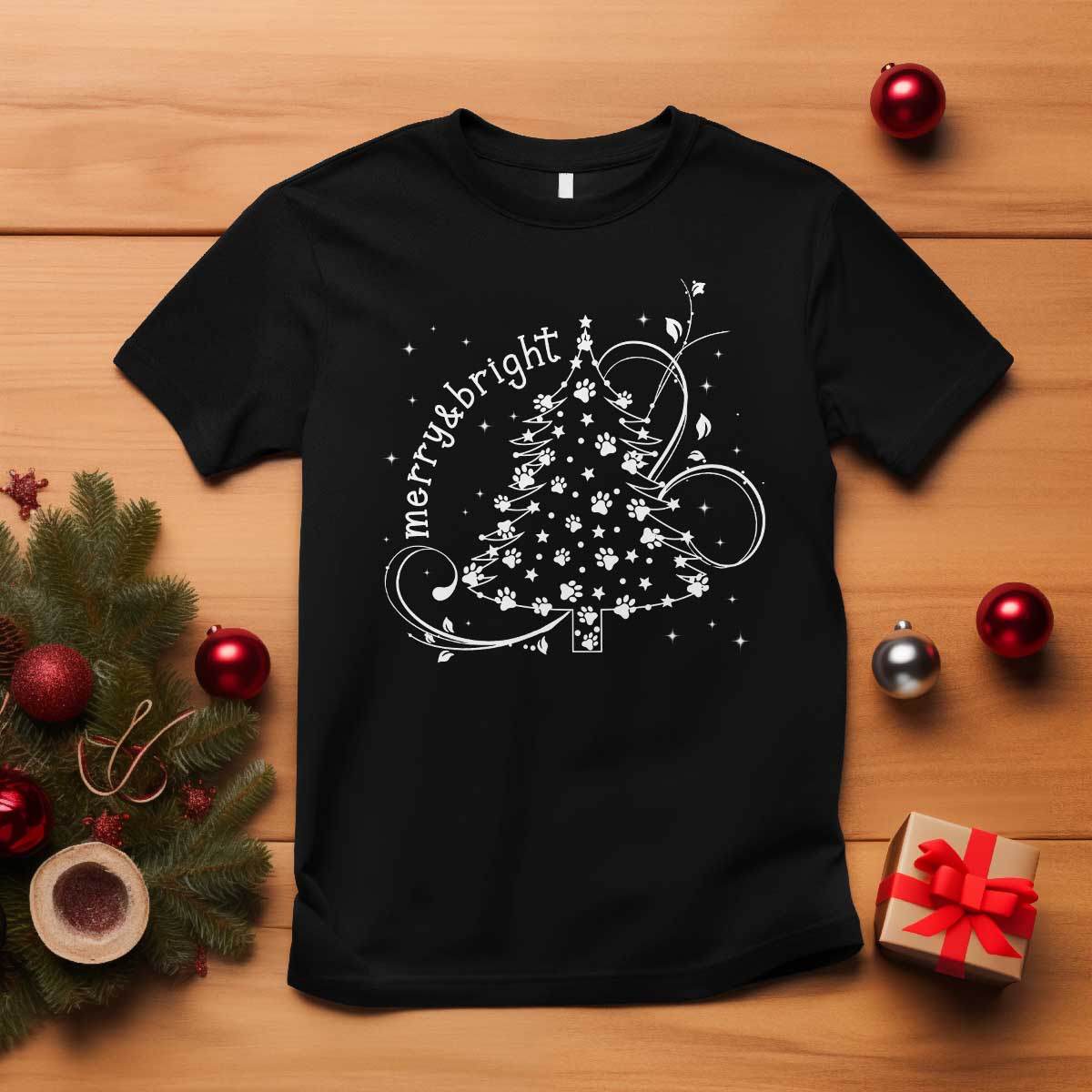 Christmas Dog T Shirt Merry & Bright Cute Xmas Tree with Paws Gift for Dog Lover - Wonder Print Shop