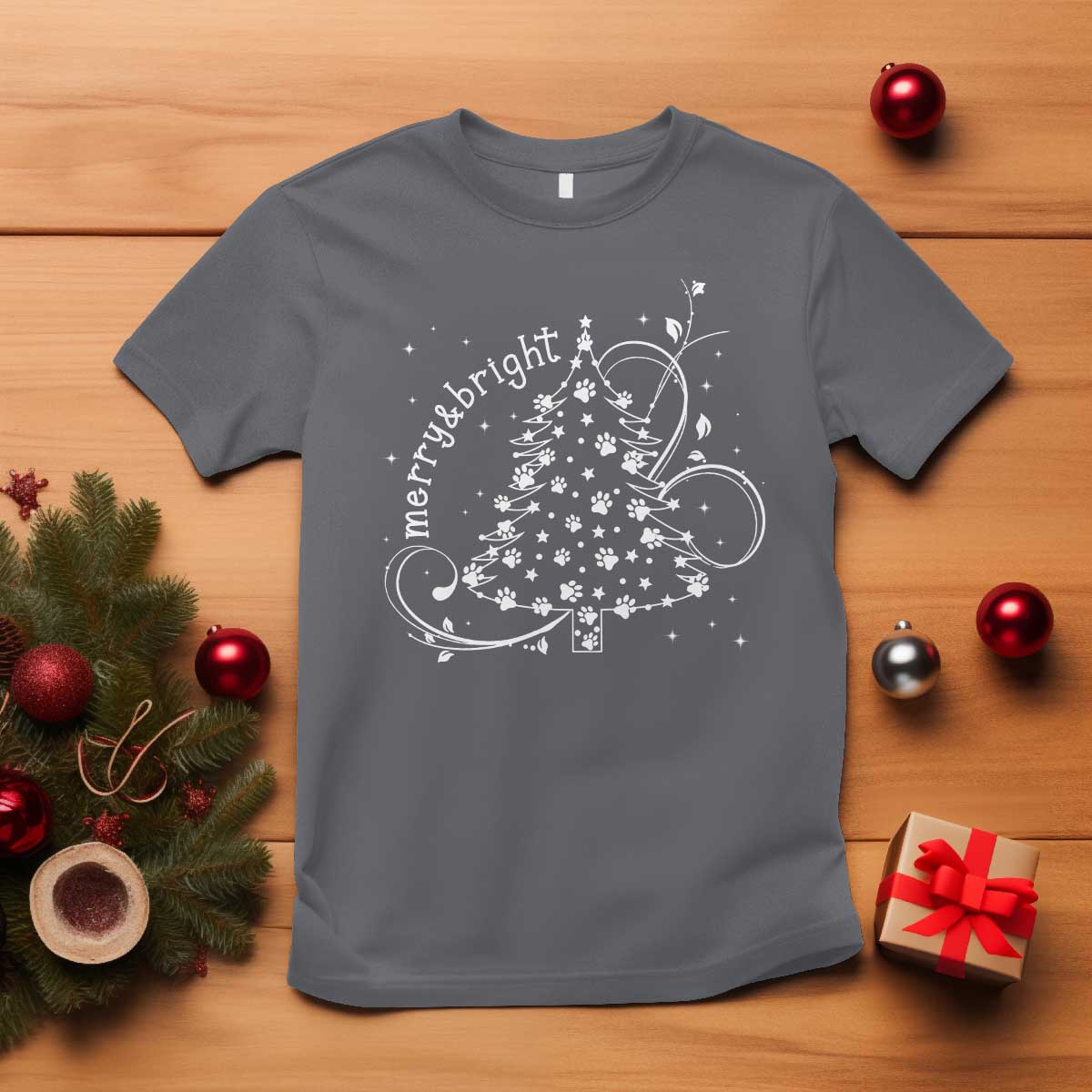 Christmas Dog T Shirt Merry & Bright Cute Xmas Tree with Paws Gift for Dog Lover - Wonder Print Shop