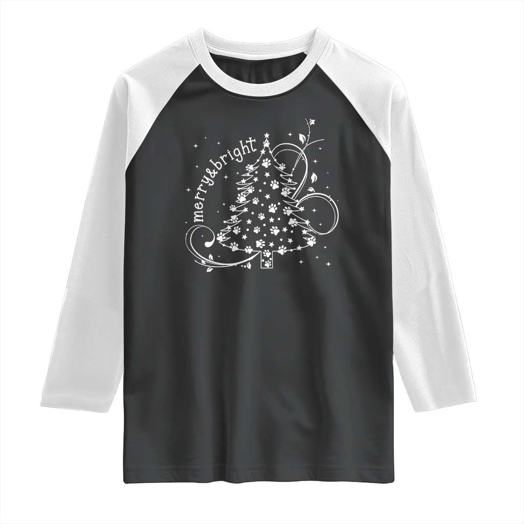 Christmas Dog Raglan Shirt Merry & Bright Cute Xmas Tree with Paws Gift for Dog Lover