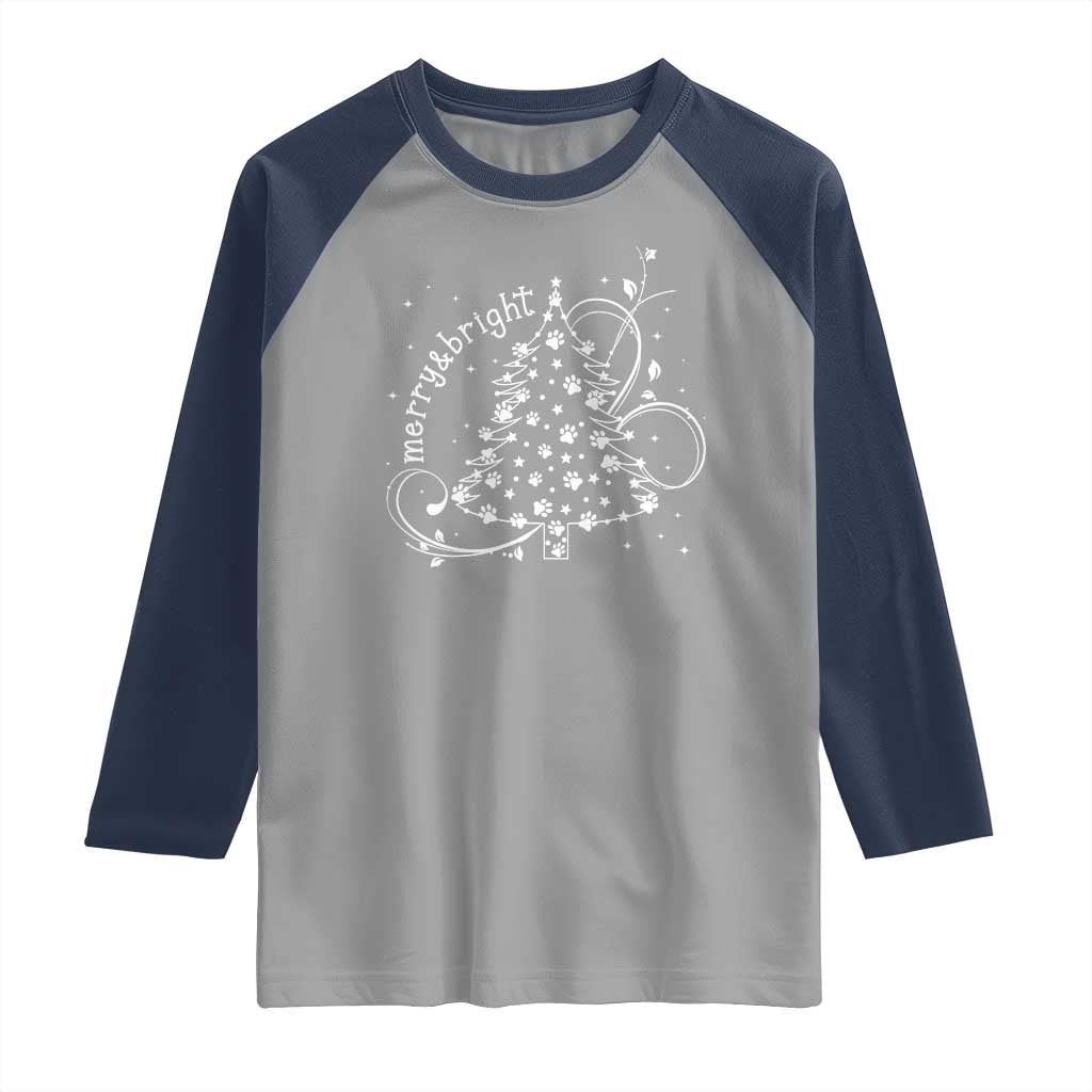 Christmas Dog Raglan Shirt Merry & Bright Cute Xmas Tree with Paws Gift for Dog Lover