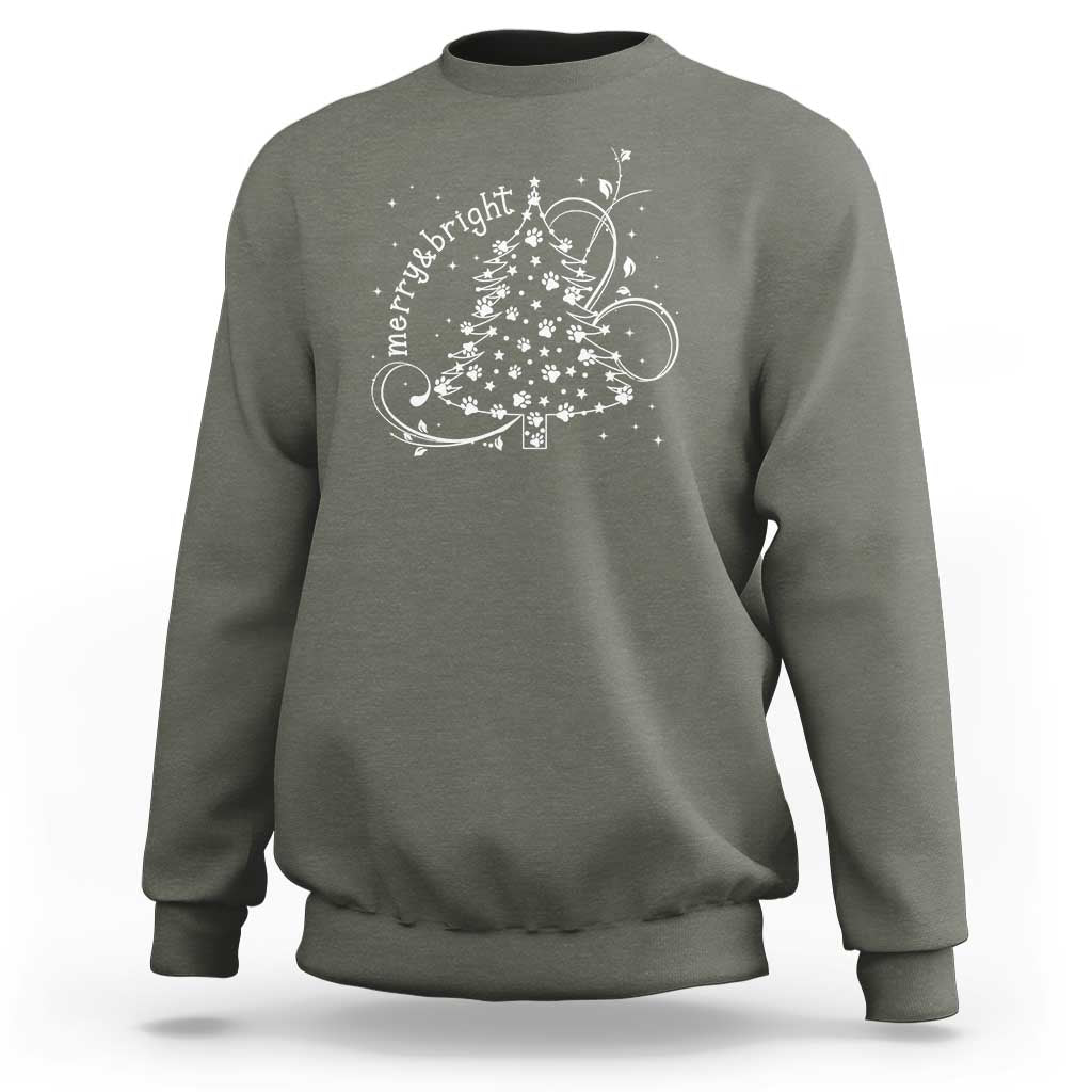 Christmas Dog Sweatshirt Merry & Bright Cute Xmas Tree with Paws Gift for Dog Lover - Wonder Print Shop