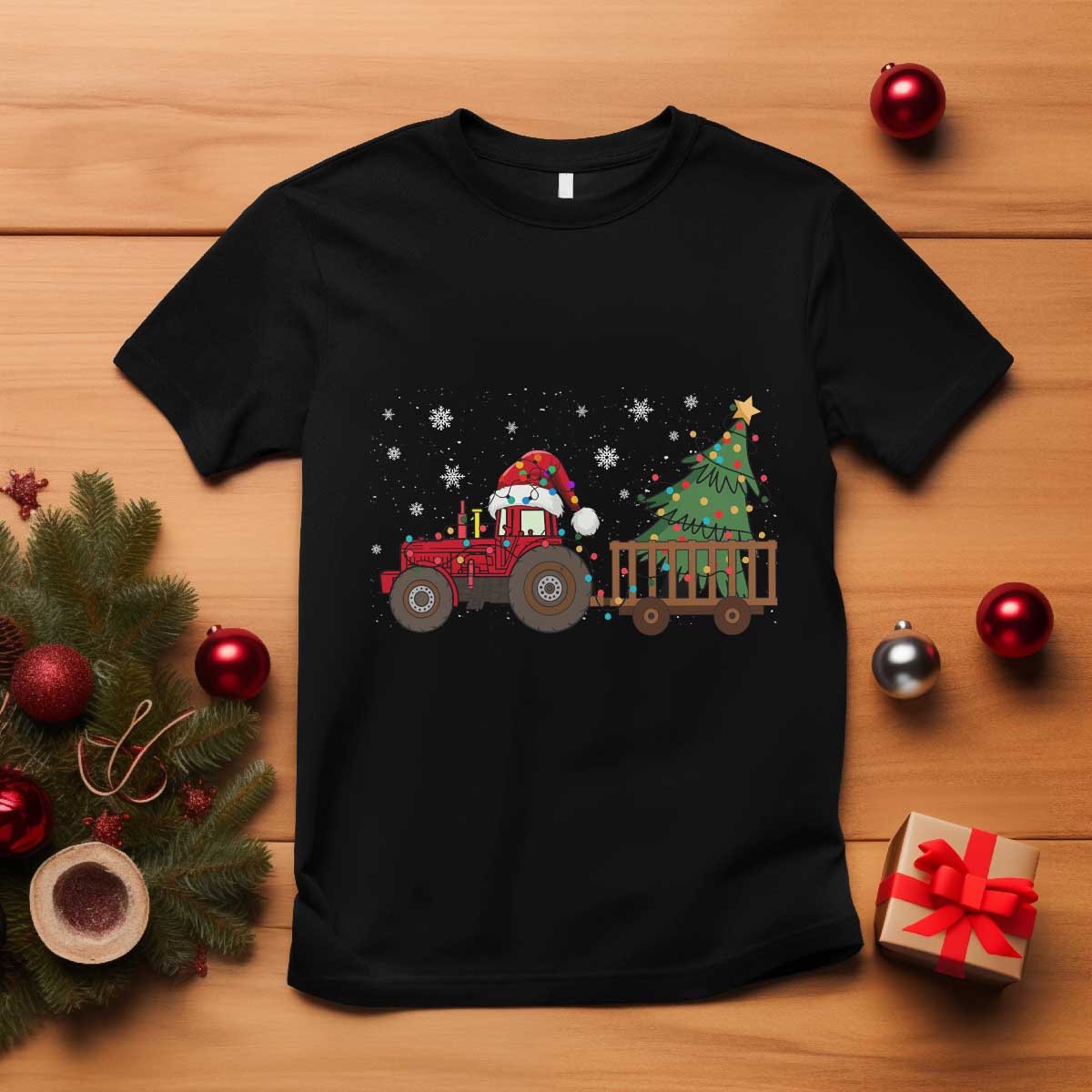 Tractor Christmas T Shirt Tree Lights Farmer Xmas Gift for Tractor Drivers - Wonder Print Shop