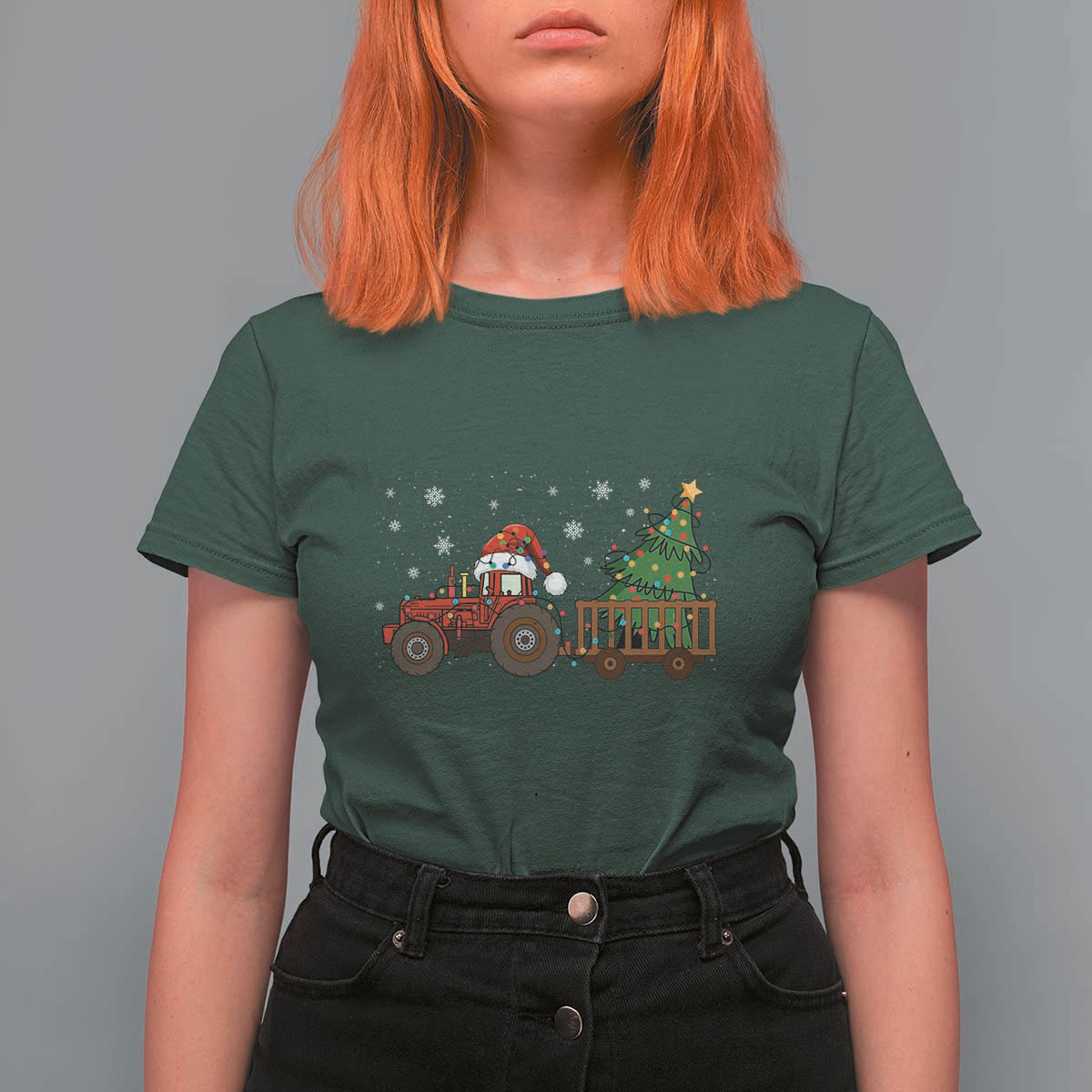 Tractor Christmas T Shirt For Women Tree Lights Farmer Xmas Gift for Tractor Drivers - Wonder Print Shop