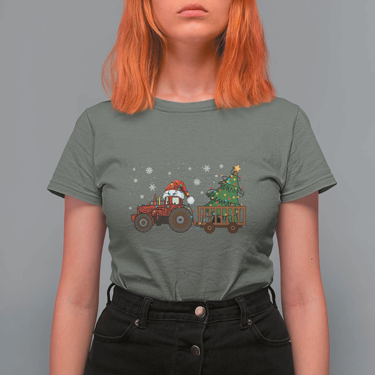 Tractor Christmas T Shirt For Women Tree Lights Farmer Xmas Gift for Tractor Drivers - Wonder Print Shop