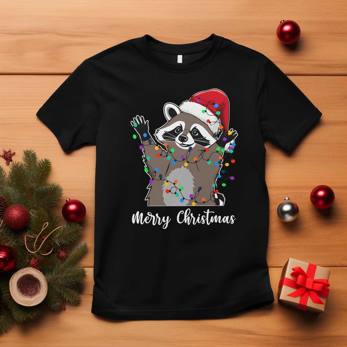 Merry Christmas Raccoon T Shirt Happy Holidays Gift Animal Xmas Lights Red Santa Hat - Wonder Print Shop