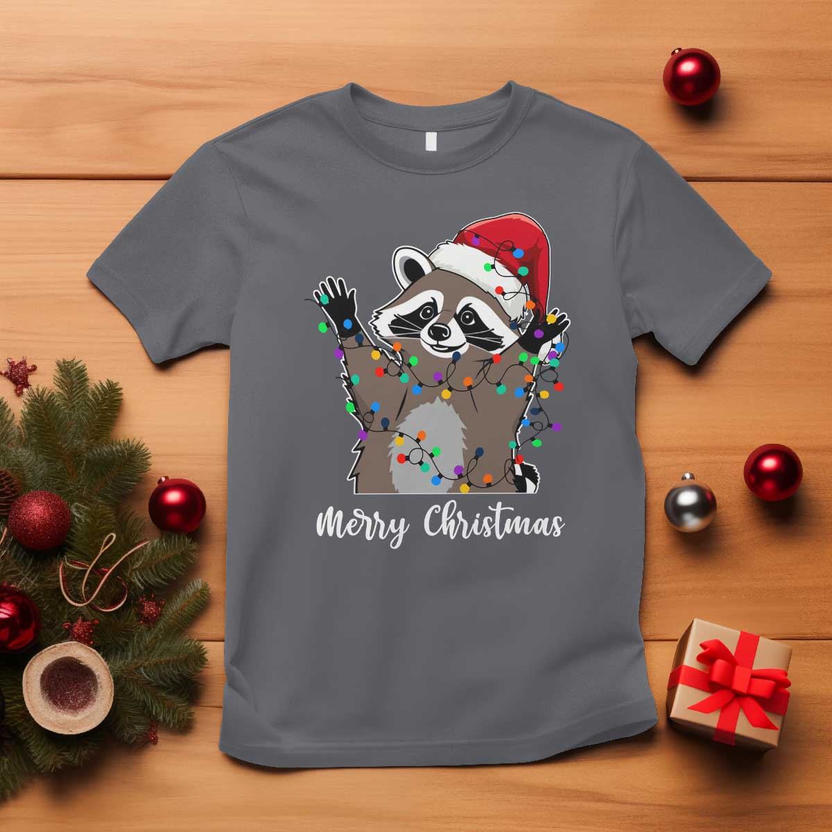 Merry Christmas Raccoon T Shirt Happy Holidays Gift Animal Xmas Lights Red Santa Hat - Wonder Print Shop