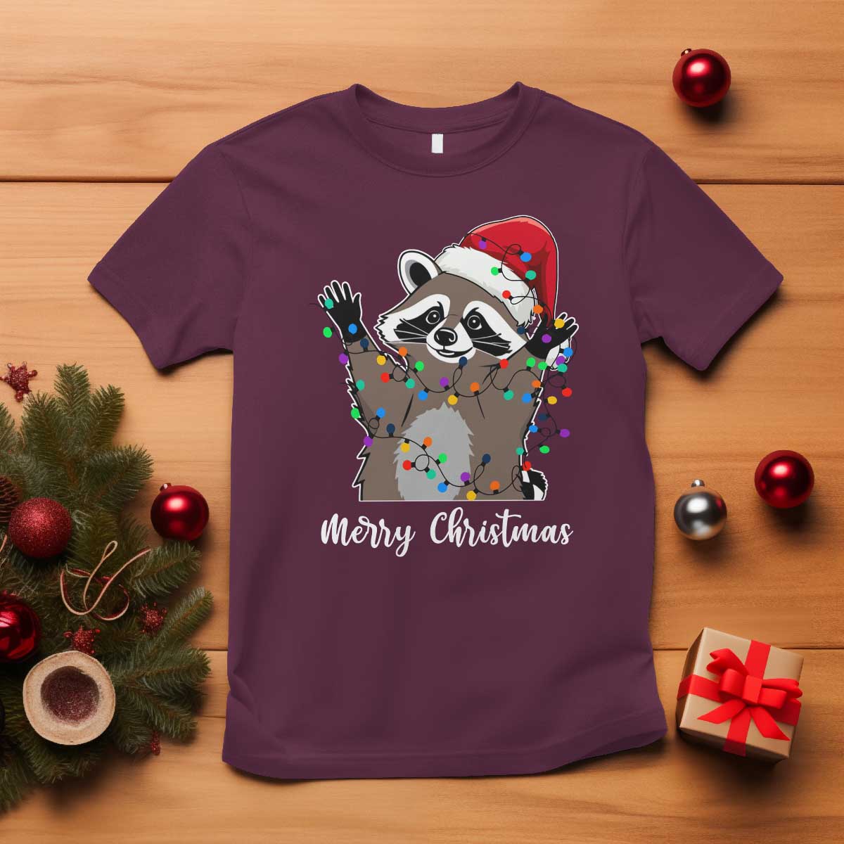 Merry Christmas Raccoon T Shirt Happy Holidays Gift Animal Xmas Lights Red Santa Hat - Wonder Print Shop