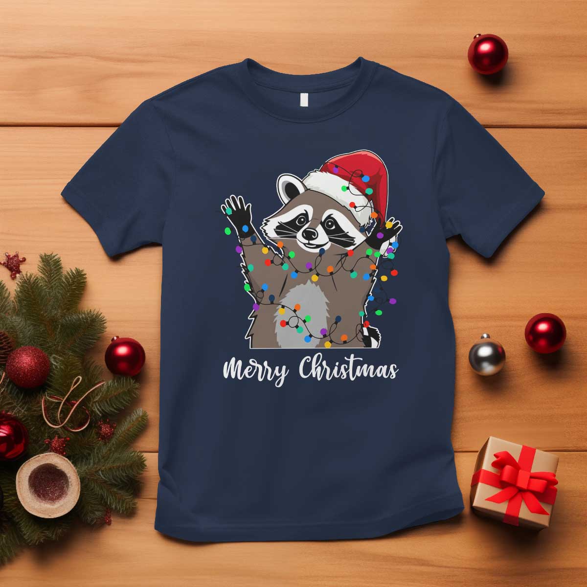Merry Christmas Raccoon T Shirt Happy Holidays Gift Animal Xmas Lights Red Santa Hat - Wonder Print Shop