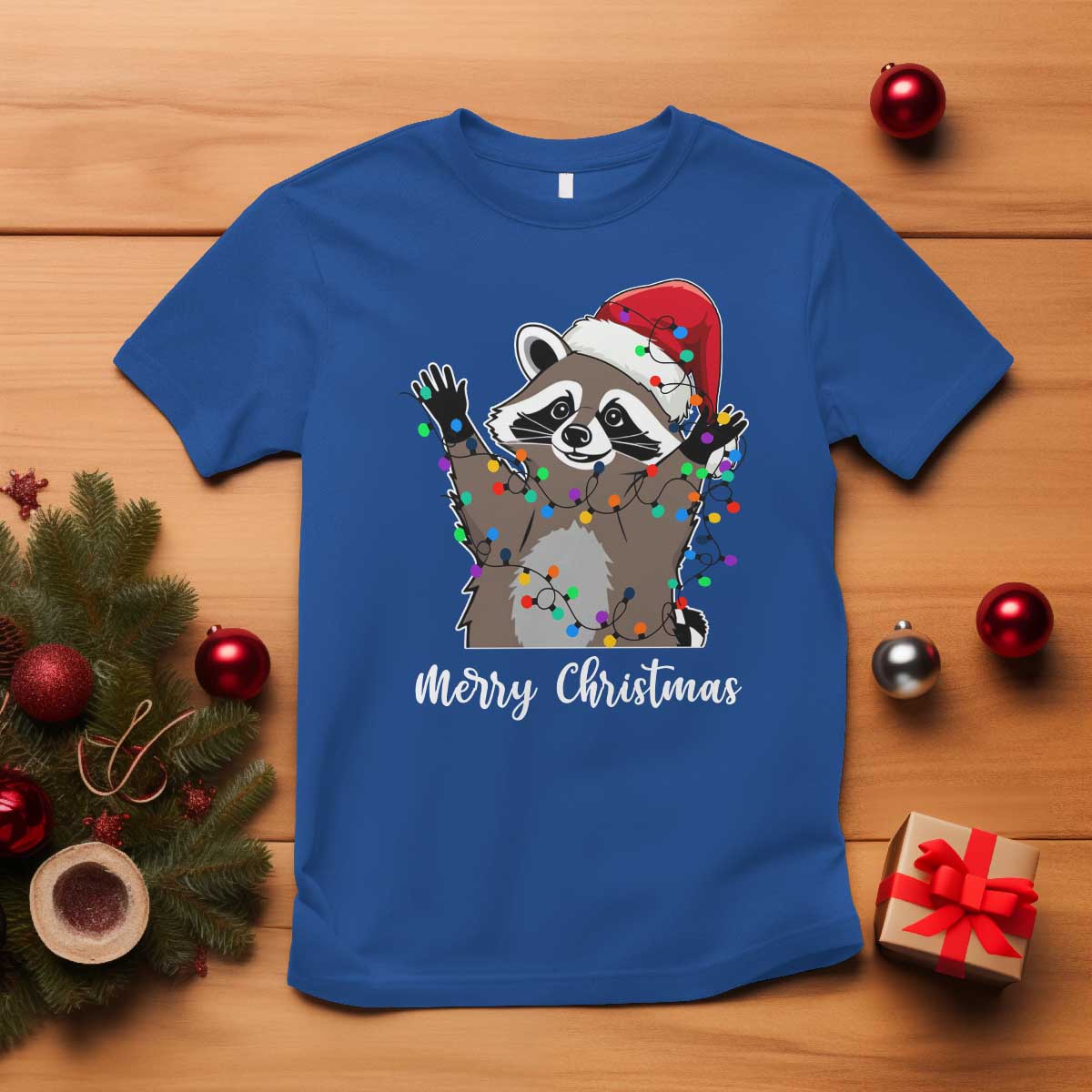 Merry Christmas Raccoon T Shirt Happy Holidays Gift Animal Xmas Lights Red Santa Hat - Wonder Print Shop