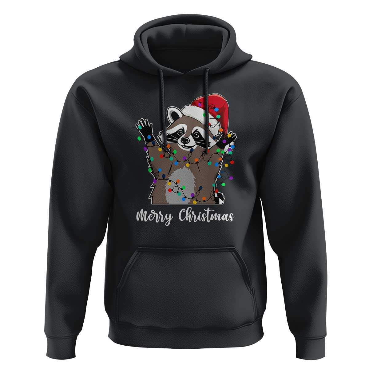 Merry Christmas Raccoon Hoodie Happy Holidays Gift Animal Xmas Lights Red Santa Hat