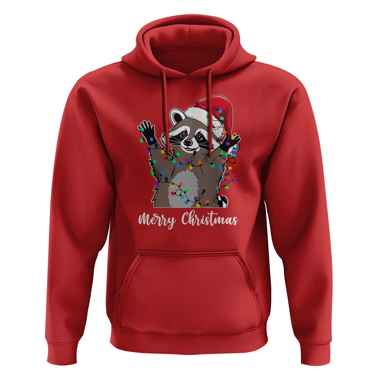 Merry Christmas Raccoon Hoodie Happy Holidays Gift Animal Xmas Lights Red Santa Hat