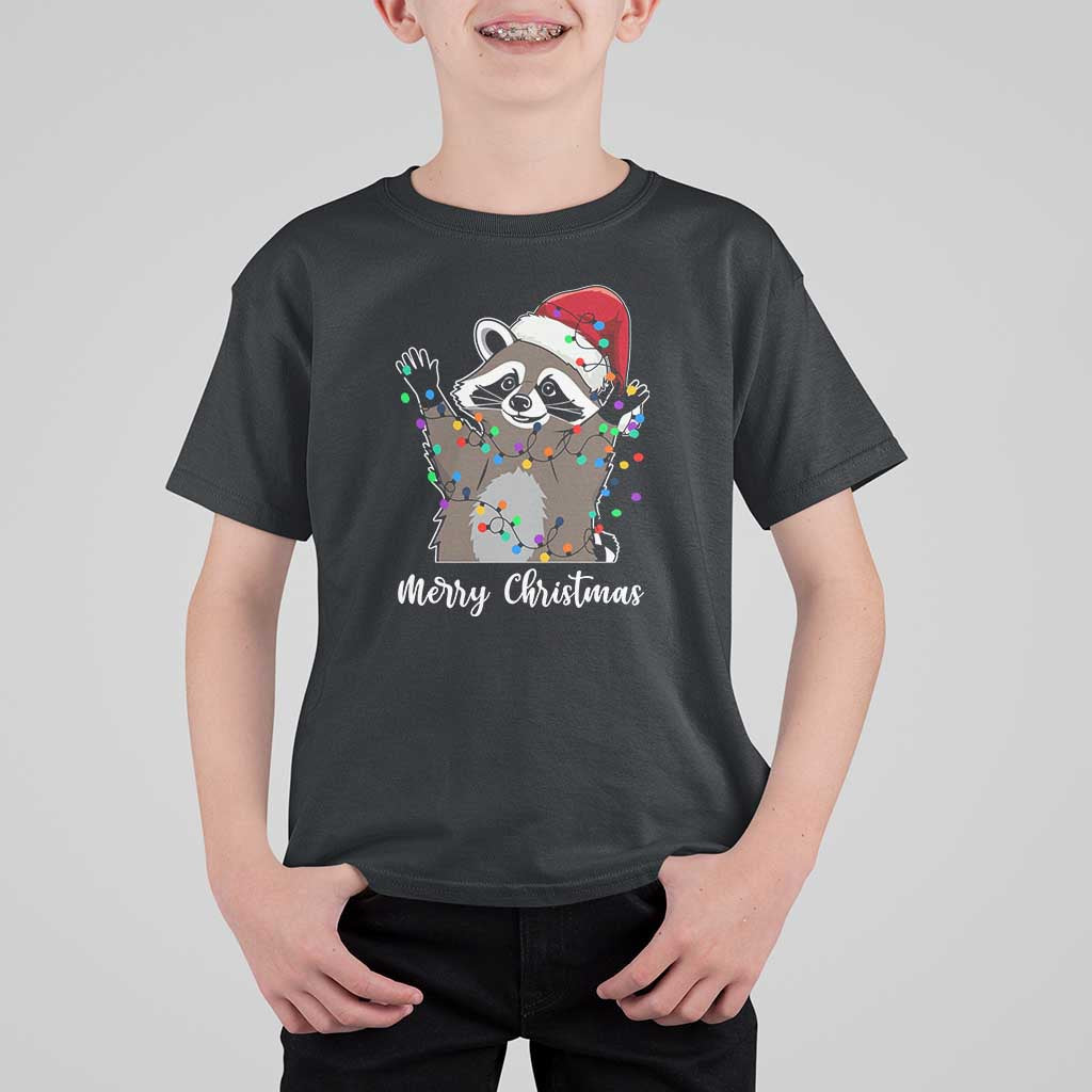 Merry Christmas Raccoon T Shirt For Kid Happy Holidays Gift Animal Xmas Lights Red Santa Hat - Wonder Print Shop
