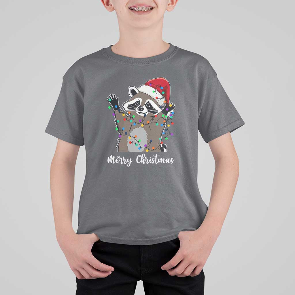 Merry Christmas Raccoon T Shirt For Kid Happy Holidays Gift Animal Xmas Lights Red Santa Hat - Wonder Print Shop