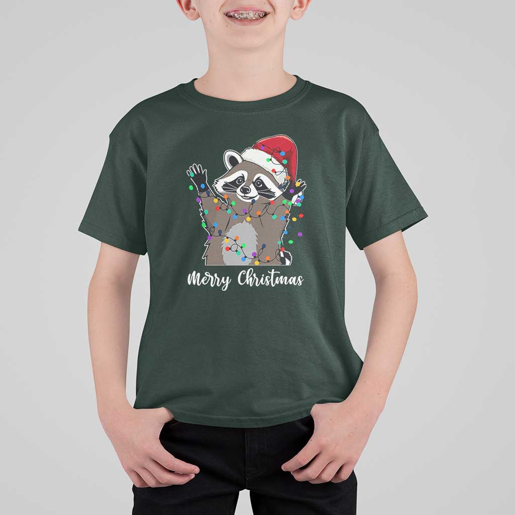 Merry Christmas Raccoon T Shirt For Kid Happy Holidays Gift Animal Xmas Lights Red Santa Hat - Wonder Print Shop