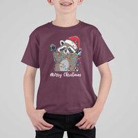 Merry Christmas Raccoon T Shirt For Kid Happy Holidays Gift Animal Xmas Lights Red Santa Hat - Wonder Print Shop