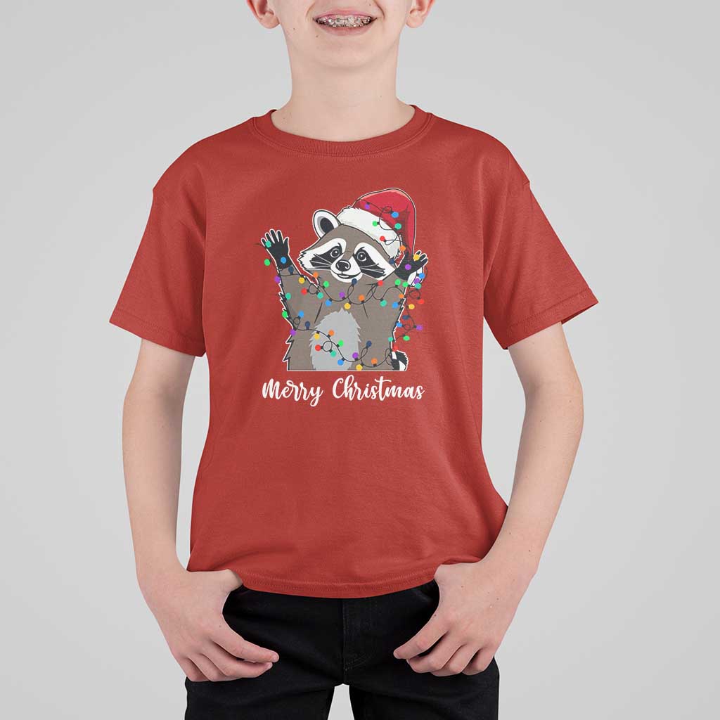 Merry Christmas Raccoon T Shirt For Kid Happy Holidays Gift Animal Xmas Lights Red Santa Hat - Wonder Print Shop