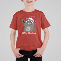 Merry Christmas Raccoon T Shirt For Kid Happy Holidays Gift Animal Xmas Lights Red Santa Hat - Wonder Print Shop