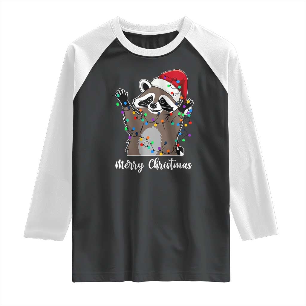 Merry Christmas Raccoon Raglan Shirt Happy Holidays Gift Animal Xmas Lights Red Santa Hat