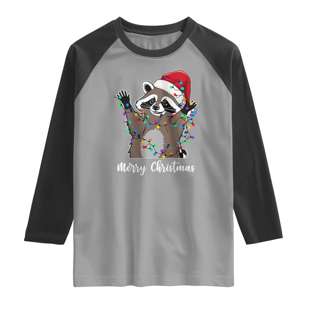 Merry Christmas Raccoon Raglan Shirt Happy Holidays Gift Animal Xmas Lights Red Santa Hat