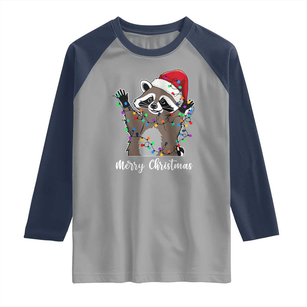 Merry Christmas Raccoon Raglan Shirt Happy Holidays Gift Animal Xmas Lights Red Santa Hat