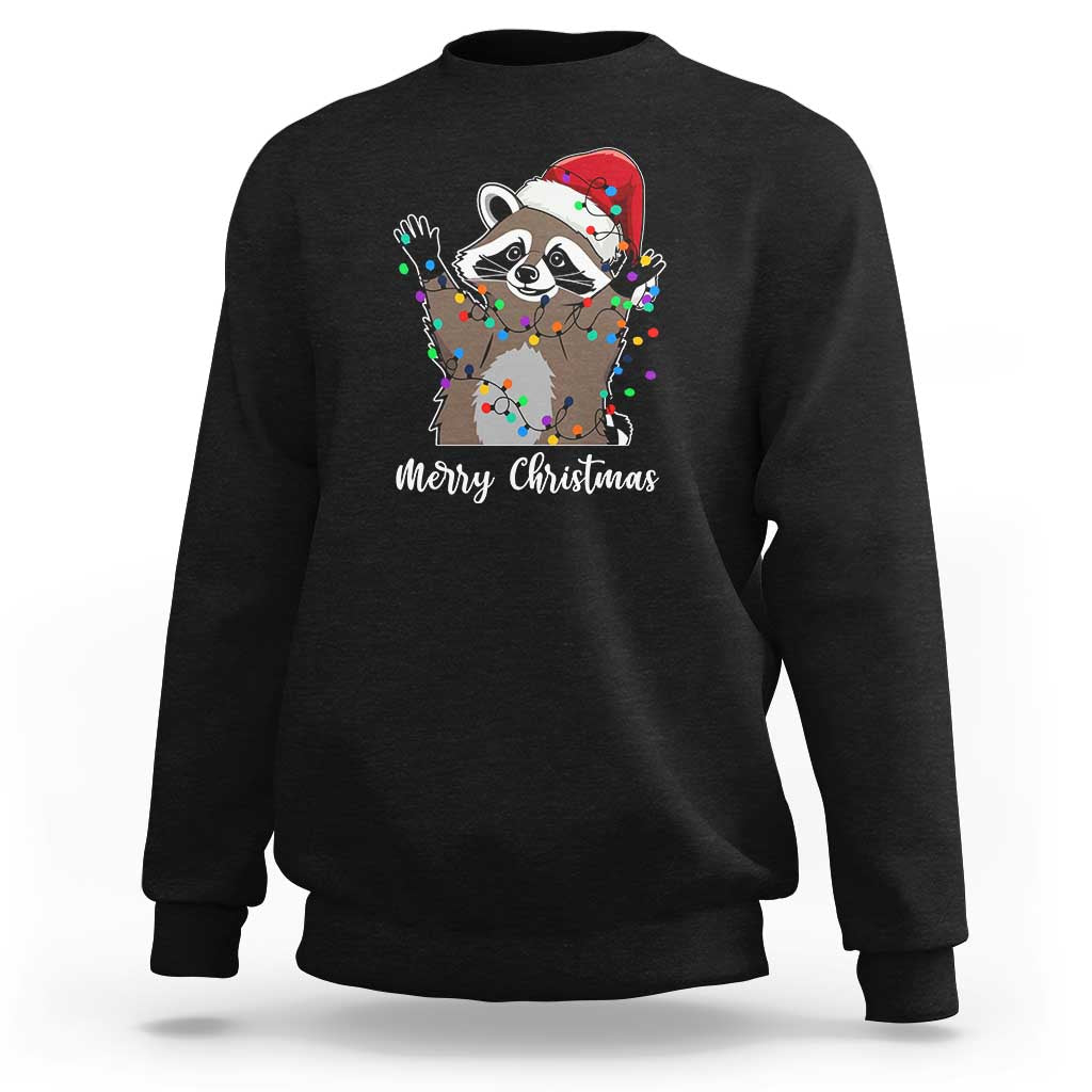 Merry Christmas Raccoon Sweatshirt Happy Holidays Gift Animal Xmas Lights Red Santa Hat - Wonder Print Shop