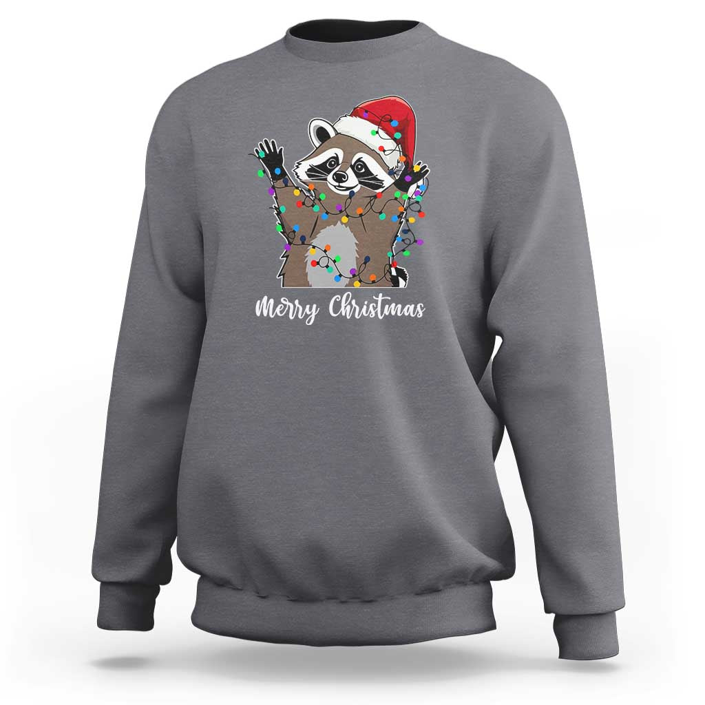 Merry Christmas Raccoon Sweatshirt Happy Holidays Gift Animal Xmas Lights Red Santa Hat - Wonder Print Shop