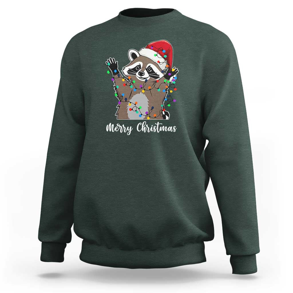 Merry Christmas Raccoon Sweatshirt Happy Holidays Gift Animal Xmas Lights Red Santa Hat - Wonder Print Shop