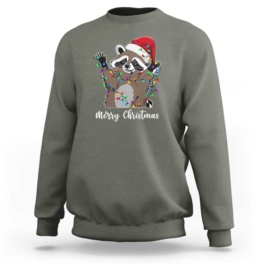 Merry Christmas Raccoon Sweatshirt Happy Holidays Gift Animal Xmas Lights Red Santa Hat - Wonder Print Shop